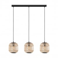 Eglo-BORDESLEY Pendant Light-combination of cane & black metalware-3 Lights Black/Wood